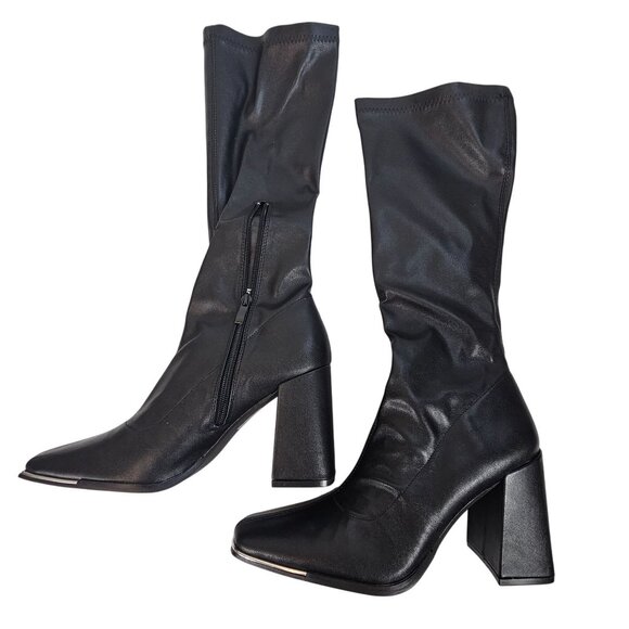 Pretty Little Things Black Leather Women's 7 Square Toe Calf Heeled Sock Boots - Picture 4 of 16